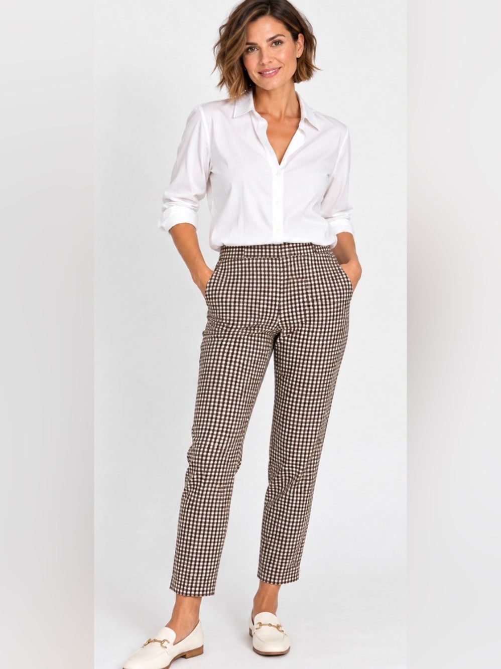 Theory Pants Pullon Ankle Fall Gingham Plaid Houndstooth Brown Cream Crop